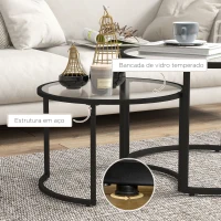 HOMCOM Conjunto de 2 Mesas de Apoio Redondas Bancada de Vidro Temperado e Estrutura de Aço Grande 70 cm Pequena 54 cm Preto e Transparente(m-6)