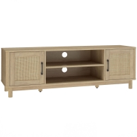 HOMCOM TV-Möbel 135 cm, TV-Möbel für Fernseher bis 165,1 cm mit 2 Rattan-Türen, 2 offenen Fächern, Eiche