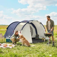 Outsunny Tenda da Campeggio Tunnel per 4 Persone Impermeabile, con Zona Notte e Giorno, Finestre e Telo da Terra, Blu Marino e Crema(m-2)