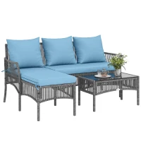 Outsunny Conjunto de Jardim Exterior de Vime com Sofá de 2 Lugares, Chaise Longue e Mesa de Centro com Vidro Temperado Azul Claro(m-10)