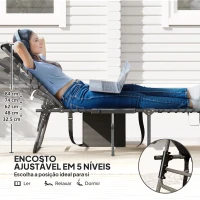 Outsunny Espreguiçadeira Dobrável com Encosto Ajustável Apoio de Cabeça Bolso Lateral Bandeja e Estrutura em Aço 190x60x31 cm Preto(m-4)