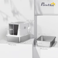 PawHut Bac à litière fermé XL en acier inoxydable, maison de toilette pour grand chat, 60,2 x 40,2 x 43,3 cm, gris clair(m-3)