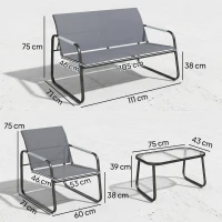 Outsunny Conjunto de Jardim Exterior com 1 Sofá de 2 Lugares 2 Poltronas e Mesa com Tampo de Vidro Temperado Textilene Respirável Cinzento(m-4)