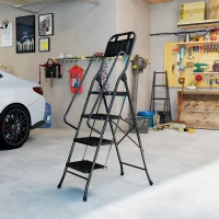 HOMCOM Escada Dobrável com 4 Degraus Apoio para os Braços e Suporte para Ferramentas 50x83x157,5 cm Preto(m-13)
