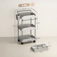 HOMCOM Carrinho Auxiliar com Rodas de 3 Níveis com Cestos Extraíveis Suporte para Toalhas e Estrutura de Metal 42x42,5x76 cm Cinza(m-3)
