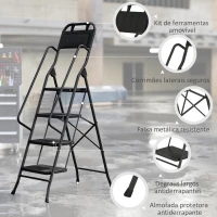 HOMCOM Escada Dobrável com 4 Degraus Apoio para os Braços e Suporte para Ferramentas 50x83x157,5 cm Preto(m-9)