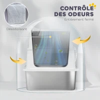 PawHut Bac à litière fermé XL en acier inoxydable, maison de toilette pour grand chat, 60,2 x 40,2 x 43,3 cm, gris clair(m-6)