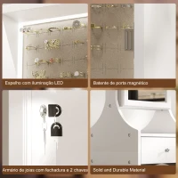 HOMCOM Espelho de Joias com Luzes LED Armário para Joias com Espelho de Ângulo Ajustável Gavetas Mesa Interior Dobrável Branco(m-9)