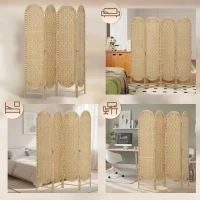 HOMCOM Biombo Separador de 4 Painéis 160x170 cm Painel de Privacidade Dobrável Boémio com Topo Arqueado Entrançado à Mão Madeira(m-8)