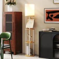 HOMCOM Candeeiro de Pé com Prateleiras 3 Temperaturas de Cor Controlo Remoto e Casquilho E27 Ø29x158 cm Madeira(m-7)