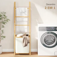 HOMCOM Estante para Casa de Banho de Bambu com 3 Barras e Cesto para Roupa Suja Removível de 48 L 43x35x133 cm Creme e Madeira(m-4)