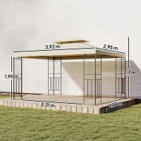 Outsunny Pérgola de Jardim 4x3 m com Telhado Duplo Estrutura de Aço Anti-UV para Exterior Terraço Pátio Branco Creme(m-3)