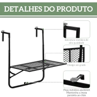 Outsunny Mesa Suspensa para Varanda Dobrável de Metal com Altura Ajustável em 4 Níveis Carga 10 kg 60x60x57-72 cm Preto(m-6)
