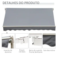 Outsunny Toldo Manual Retrátil 395x245 cm Toldo para Varanda com Manivela Anti-UV Estrutura de Alumínio para Jardim Janelas Cinzento(m-4)