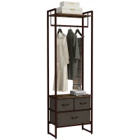 HOMCOM Suporte para Cabides com 3 Gavetas de Tecido Barra para Pendurar e Prateleira para Entrada Quarto 58,5x30x178 cm Castanho Rústico(m-10)