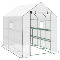 Outsunny Estufa de Jardim de 3 Níveis com 12 Prateleiras Porta Enrolável Janelas Anti-UV Cobertura de PE  140x213x190 cm Branco