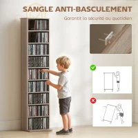 HOMCOM Rangements pour CD et DVD 9 compartiments et 6 étagères réglables capacité max. 260 CD/120 DVD 33 x 24 x 140 cm bois naturel(m-6)