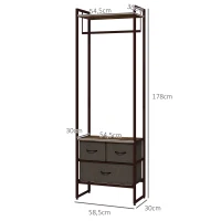 HOMCOM Suporte para Cabides com 3 Gavetas de Tecido Barra para Pendurar e Prateleira para Entrada Quarto 58,5x30x178 cm Castanho Rústico(m-3)