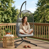 Outsunny Hanging Egg Chair, Indoor Outdoor Hammock Swing Chair with Stand, Safety Strap, Foldable Basket, Dark/Light Grey(m-8)
