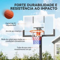 SPORTNOW Cesto de Basquetebol para Exterior no Chão, Altura Ajustável 230-375 cm com Suporte e Painel Inquebrável 120 cm, Aro Ø48 cm(m-5)