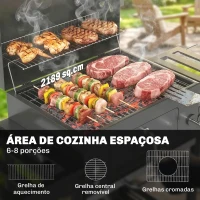 Outsunny Barbecue a Carvão com Bandeja Ajustável, Prateleiras Dobráveis, Rodas, Termómetro, Tampa, Chaminé, Ventilação e Cesto(m-4)