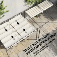 Outsunny Pérgola de Parede de Jardim 4x3 m com Telhado Retrátil Proteção UPF30+ Drenagem Pérgola para Exterior Creme(m-5)