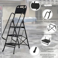 HOMCOM Escada Dobrável com 3 Degraus com Apoio para os Braços e Suporte para Ferramentas 49x66x136 cm Preto(m-4)