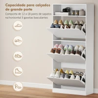 HOMCOM Sapateira Estreita com 3 Gavetas Rebatíveis Prateleiras Ajustáveis e Compartimento Aberto Capacidade para 12-18 Pares Branco(m-5)