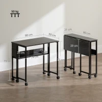 HOMCOM Secretária Dobrável com Rodas Prateleira e Bolso de Armazenamento Ideal para Espaços Pequenos 80x50x75 cm Preto(m-3)