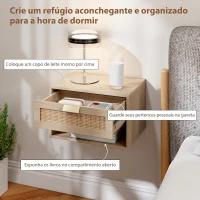HOMCOM Conjunto de 2 Mesas de Cabeceira Suspensas com Gaveta de Vime Prateleira Aberta Economiza Espaço 40x30x25 cm Carvalho(m-5)