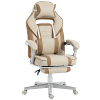 HOMCOM Cadeira Gamer Reclinável com Altura Ajustável Apoio para Pés Retrátil Suporte Lombar e Almofada de Cabeça Removível Creme
