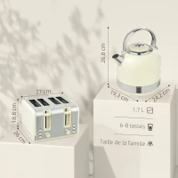 HOMCOM Ensemble bouilloire grille-pain, bouilloire en acier inoxydable 1,7 L et 2200 W et grille-pain à 4 tranches, crème(m-3)