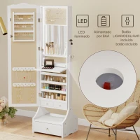 HOMCOM Espelho de Joias com Luzes LED Armário para Joias com Espelho de Ângulo Ajustável Gavetas Mesa Interior Dobrável Branco(m-4)
