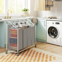 HOMCOM Panier à linge mobile, chariot linge sale, corbeille à roulettes avec 4 sacs amovibles, 4 x 40L, 97 x 38 x 81 cm, gris(m-7)