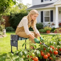 Outsunny Banco de Jardim Dobrável com Almofada de Espuma EVA Assento de Jardim com Bolsa para Ferramentas Cinzento Escuro(m-9)