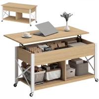 HOMCOM Mesa de Centro Elevatória com Rodas Compartimento Oculto e Prateleiras Abertas 105x50x67 cm Madeira e Branco(m-17)