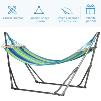 Outsunny Cama Rede com Suporte Dobrável 2 em 1 Estendal com Barra Estrutura de Aço para Jardim 270x100x94 cm Azul e Verde(m-6)