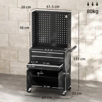 HOMCOM Carrinho de Ferramentas com 3 Gavetas e Painel de Perfurado Fechadura com Chave Prateleira Ajustável 2 Rodas com Travão de Bloqueio 69x33x133 cm Preto(m-3)