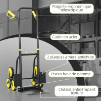 DURHAND Diable d'escalier pliable 120 kg 6 roues, diable demenagement en acier avec cordes télescopiques, 44x38x106,5cm, jaune(m-6)