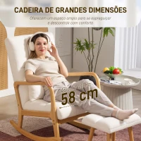 HOMCOM Poltrona de Baloiço com Apoio para os Pés Estofado em Bouclé com Almofada Acolchoada Encosto Ergonómico Apoios de Braços e Pés de Madeira 64,5x82x89 cm Branco(m-6)