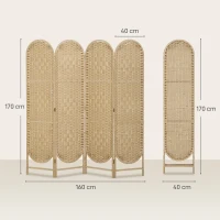 HOMCOM Biombo Separador de 4 Painéis 160x170 cm Painel de Privacidade Dobrável Boémio com Topo Arqueado Entrançado à Mão Madeira(m-3)