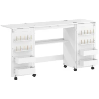 HOMCOM Mesa de Costura Dobrável com 6 Rodas Móvel para Máquina de Costura com 20 Pinos para Fios 4 Compartimentos 160x40x81,5 cm Branco(m-1)