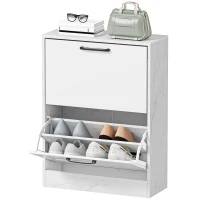 HOMCOM Sapateira Estreita 2 Portas de Alto Brilho com Prateleiras Ajustáveis Design Mármore para 8 Pares de Sapatos 60x24x80 cm Branco(m-11)