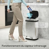 HOMCOM Poubelle de cuisine automatique 30L acier inoxydable, poubelle à capteur de mouvement avec couvercle, 33x25x58cm, argent(m-5)