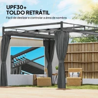 Outsunny Pérgola de Jardim 295x295x221 cm com Teto Retrátil e Cortinas UPF30+ Estrutura Metálica Pérgola para Exterior Cinzento Escuro(m-4)