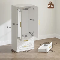 HOMCOM Roupeiro com Espelho 2 Portas e 2 Gavetas Relevo de Diamante Barra para Pendurar Estilo Moderno 80x50x180 cm Branco(m-3)