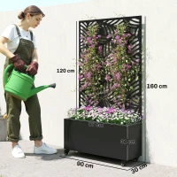 Outsunny Floreira Exterior Grande com Rodas e Painel de Privacidade com Folhas de Monstera Estrutura de Metal 90x30x160 cm Preto(m-3)