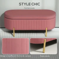 HOMCOM Banc de rangement, bout de lit en velours avec couvercle, pieds en métal, capacité 72 L, 108x44x43,5cm, rose(m-5)