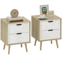 HOMCOM Conjunto de 2 Mesas de Cabeceira Modernas com 2 Gavetas de Deslizamento Silencioso Pés de Madeira 40x35x50 cm Branco Brilhante e Carvalho(m-10)