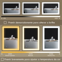 HOMCOM Espelho Casa de Banho com Luz LED 80x60 cm Iluminação Ajustável Função Anti-Embaciamento Função Memória Preto(m-4)